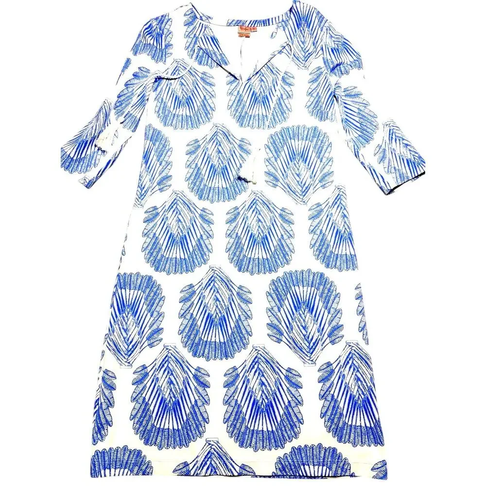 Persifor Winthrop Tunic Dress S Blue White Shell Fan Print Tassel Stretch USA